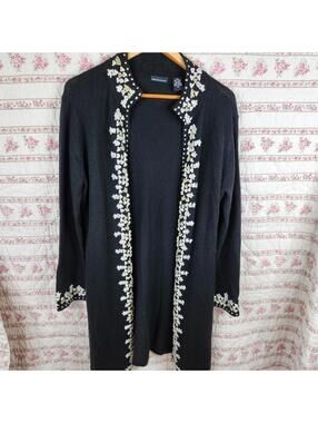 Moda International Wool Blend Longline Cardigan XL Floral Trim